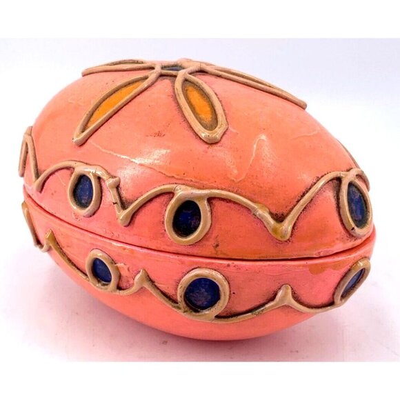 Paper Mache Composite Easter Egg Box Bright Pink Orange 1970s Mod 5" - Picture 1 of 9
